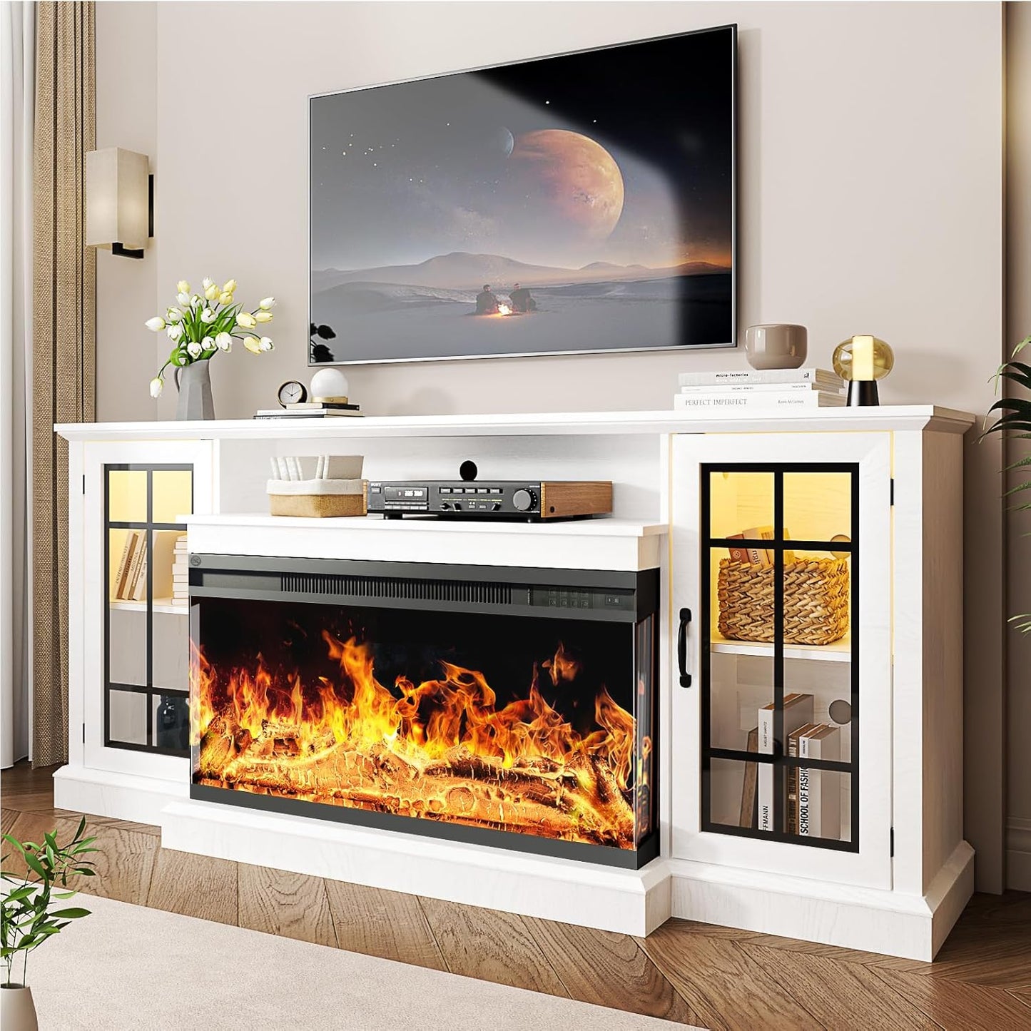 Rustic 3-Sided Fireplace TV Stand, Fits TVs up to 80, White Finish