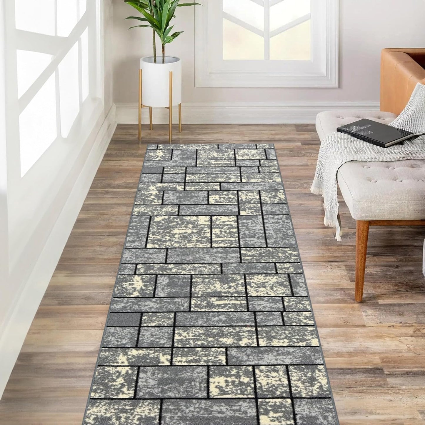 Custom Size Grey Ivory Stone Boxes Non-Slip Hallway Runner Rug
