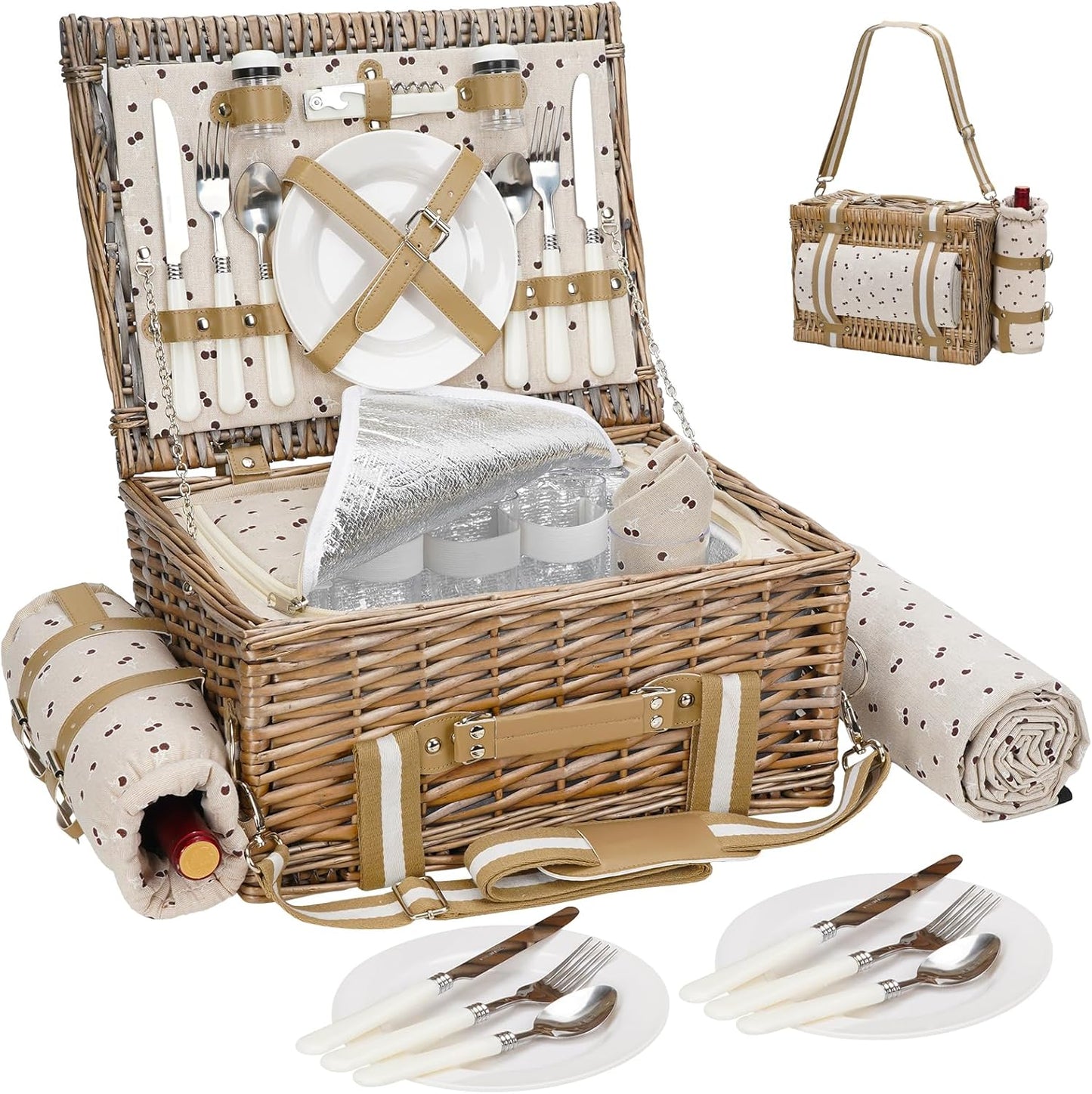 31Pcs Picnic Basket for 4 - Wicker Set with Blanket & Cooler