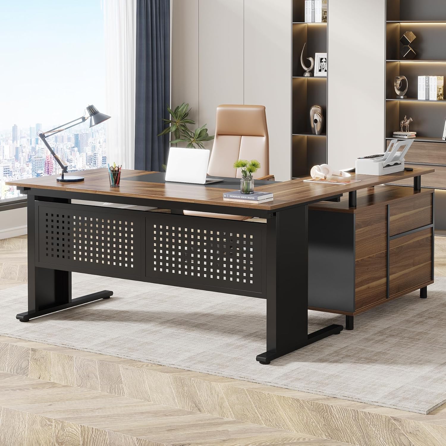 Executive L-Shaped Desk with File Cabinet & Shelves