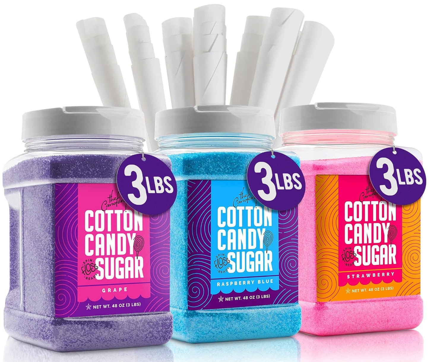 The Candery Cotton Candy Floss Sugar 3-Pack with 100 Cones