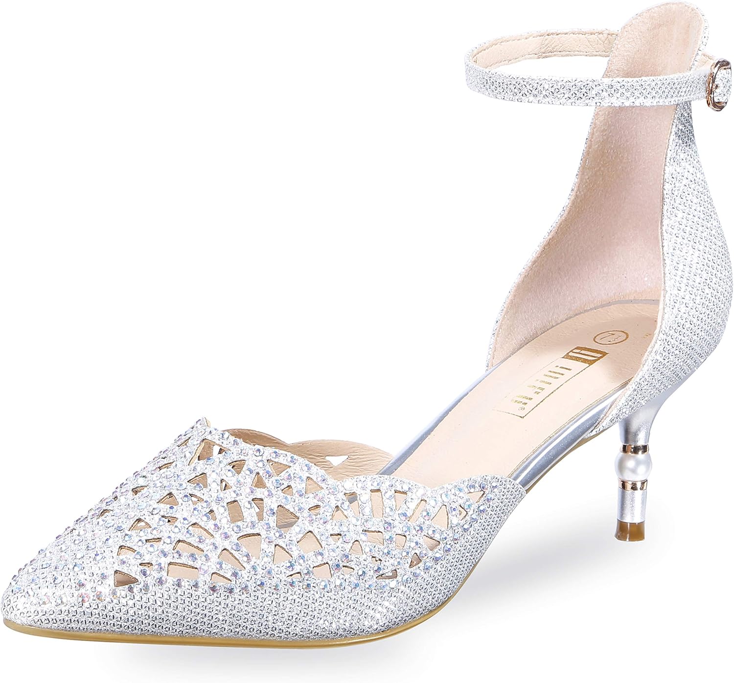 IDIFU Women's Rhinestones Low Kitten Heels for Weddings and More