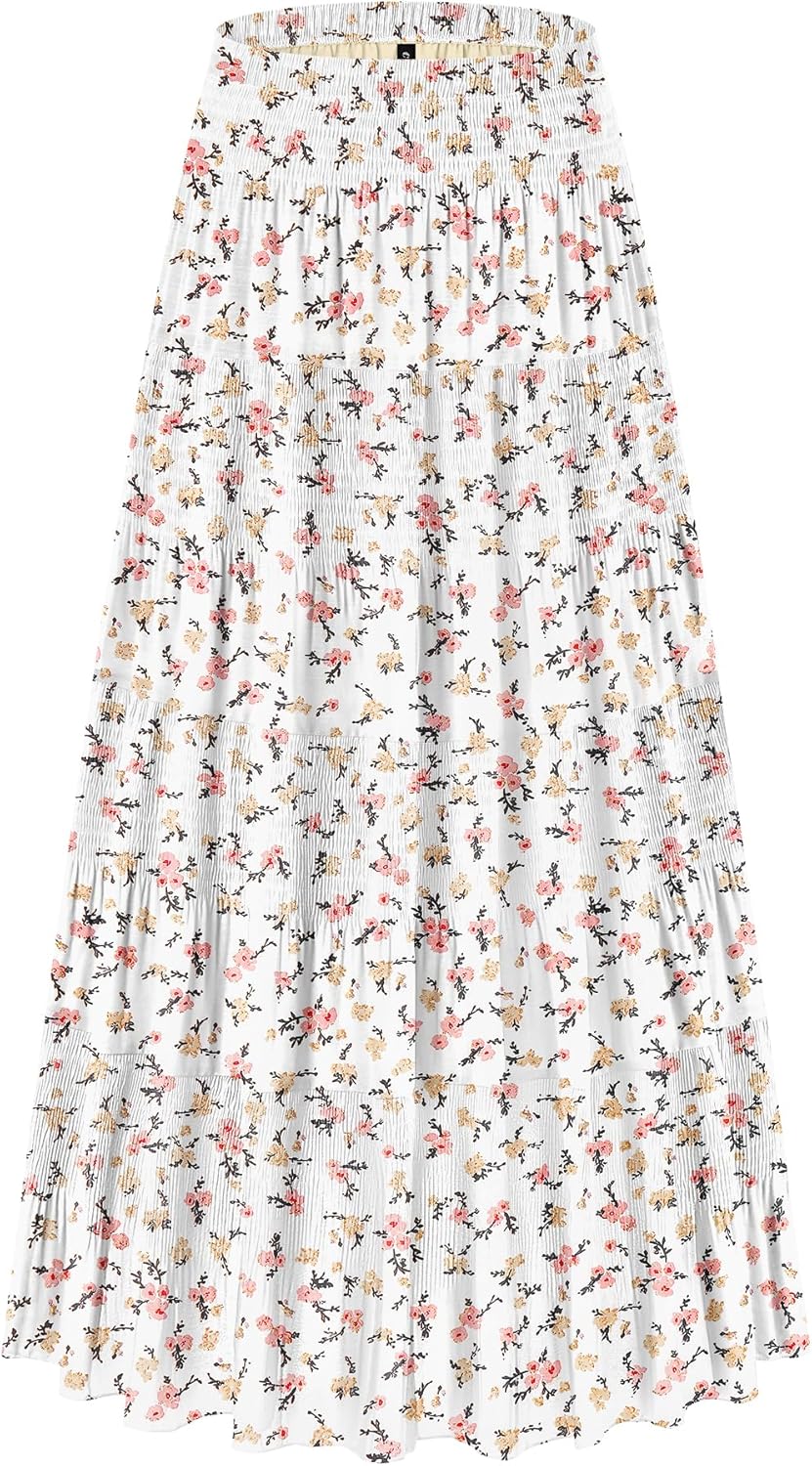 Chiffon Elastic High Waist Tiered Pleated Floral Maxi Skirt