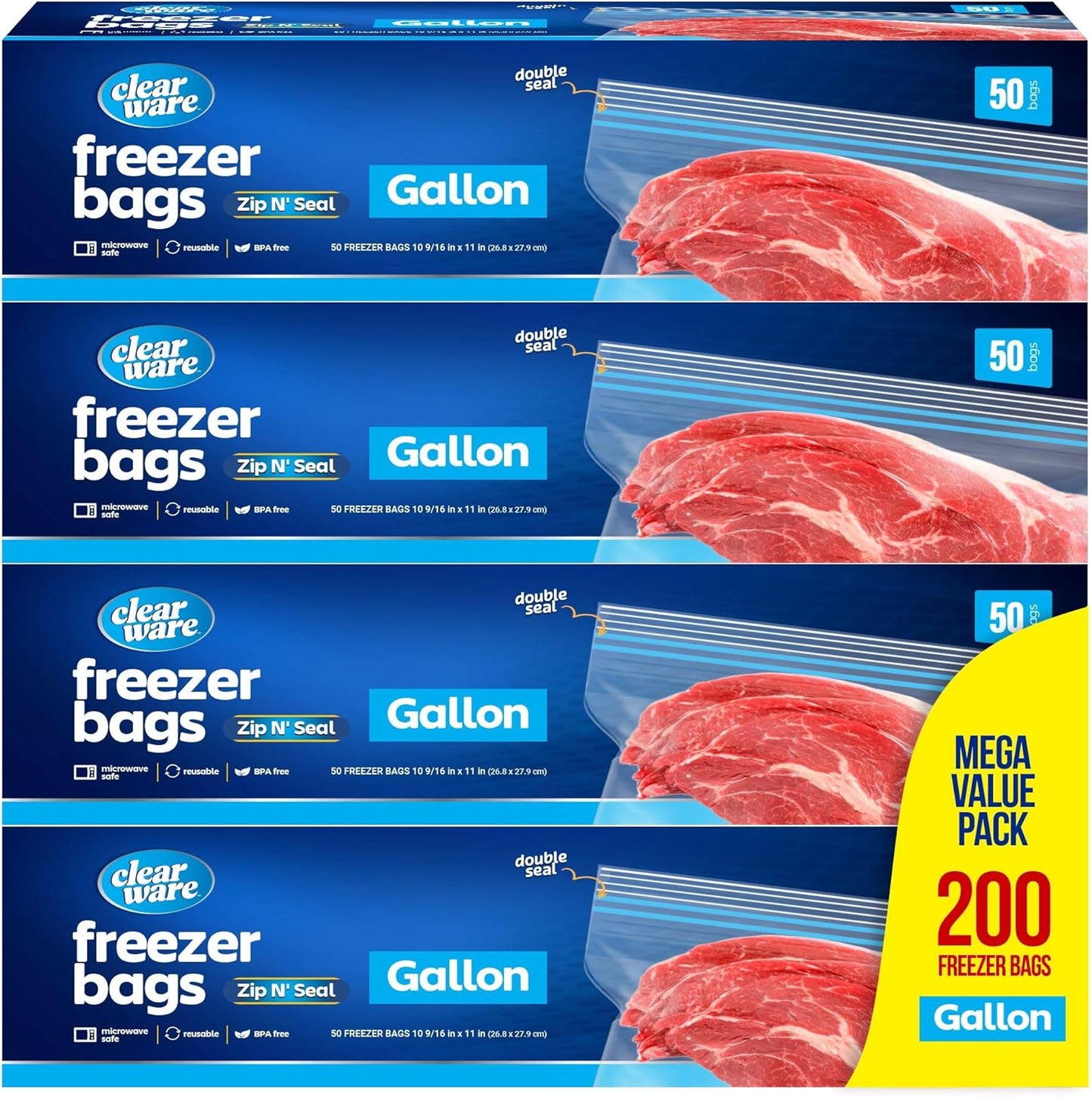 Gallon Freezer Bags with Double Zipper Seal - 200 Count Pack