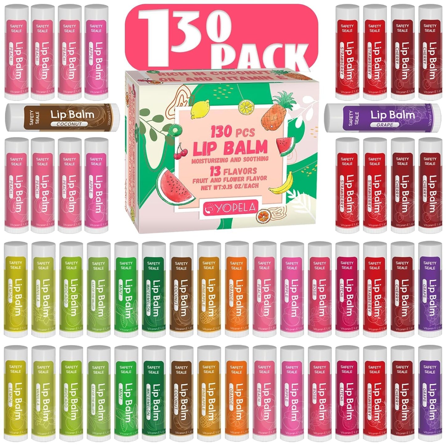 130 Pack Natural Lip Balm Bulk with Vitamin E and Coconut Oil
