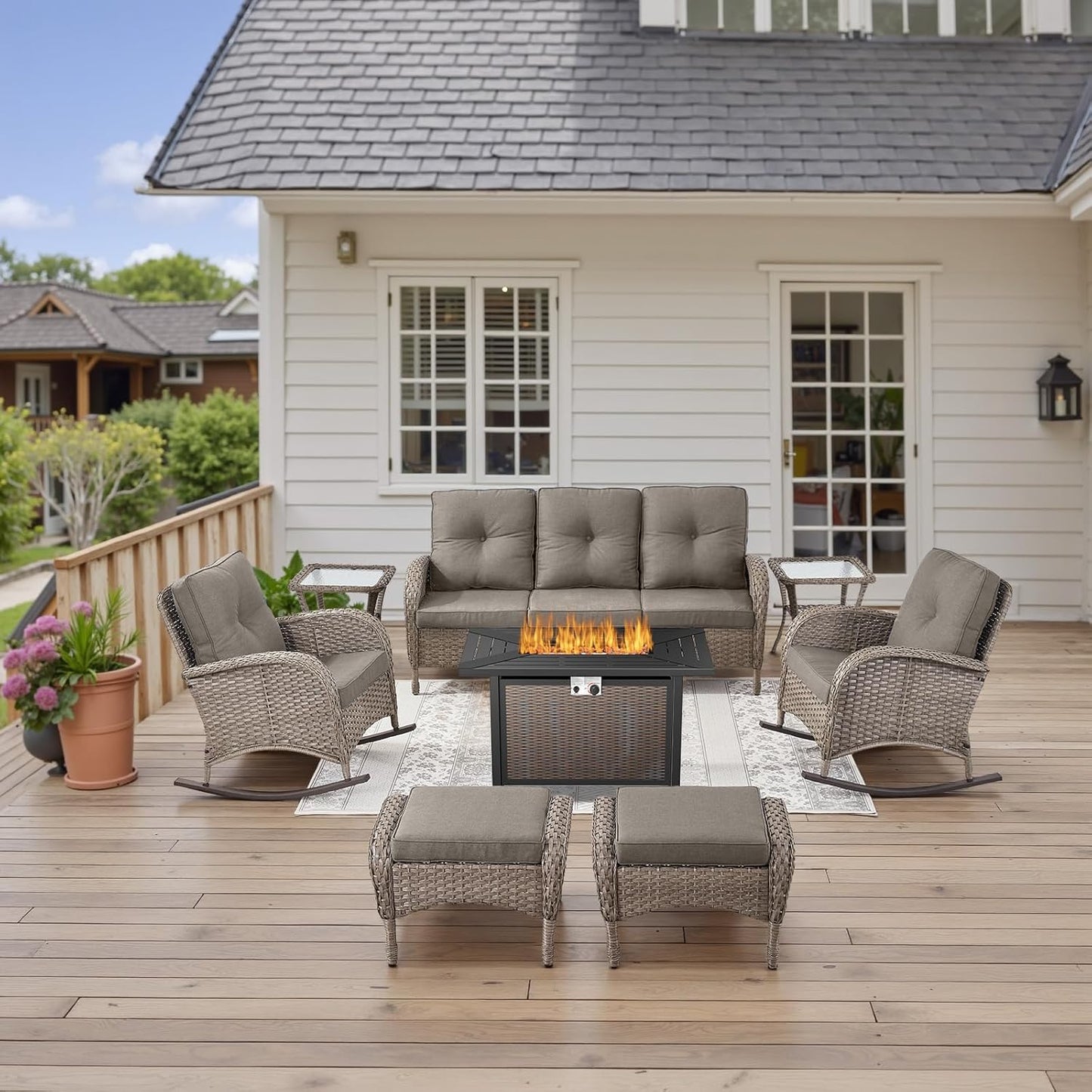 Patio Furniture Set with Fire Pit Table - 8 Piece Wicker Set