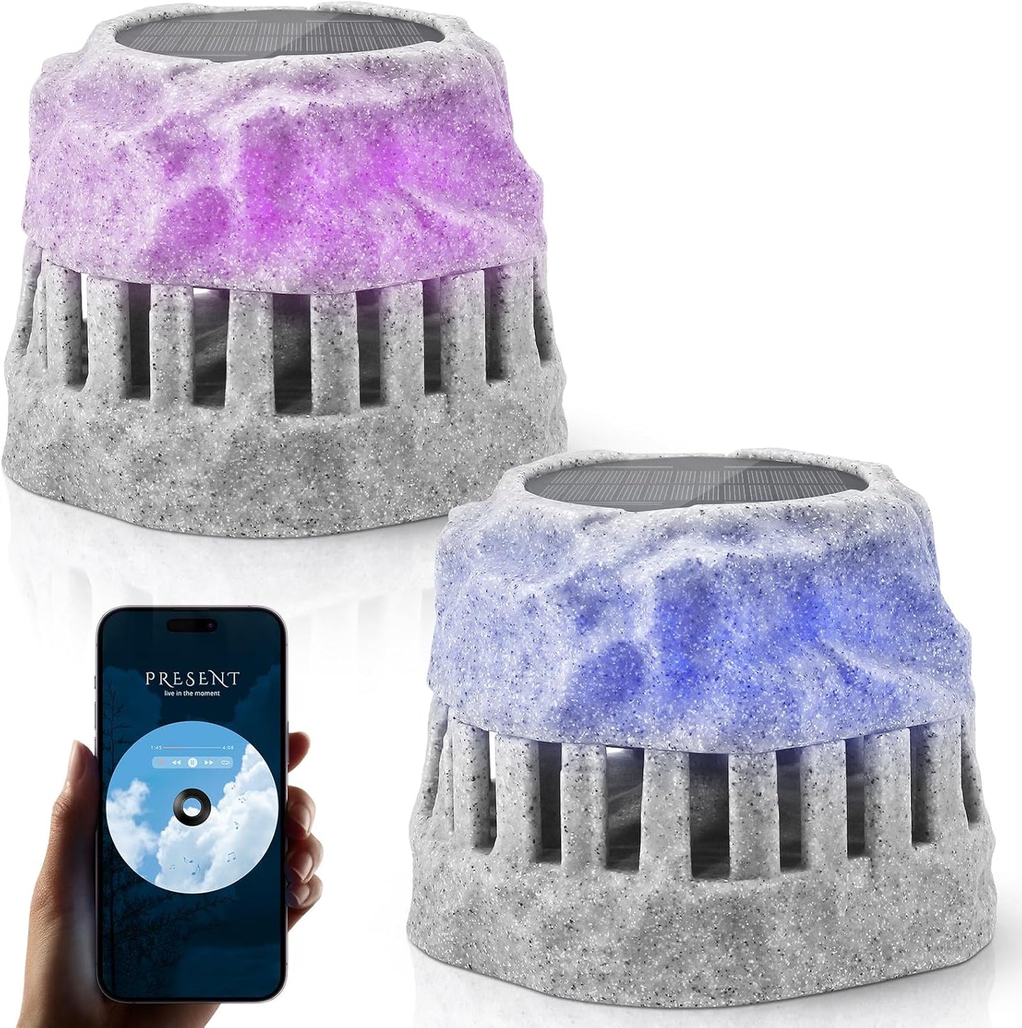 Solar Powered Rock Speakers with Lights for Outdoor Fun