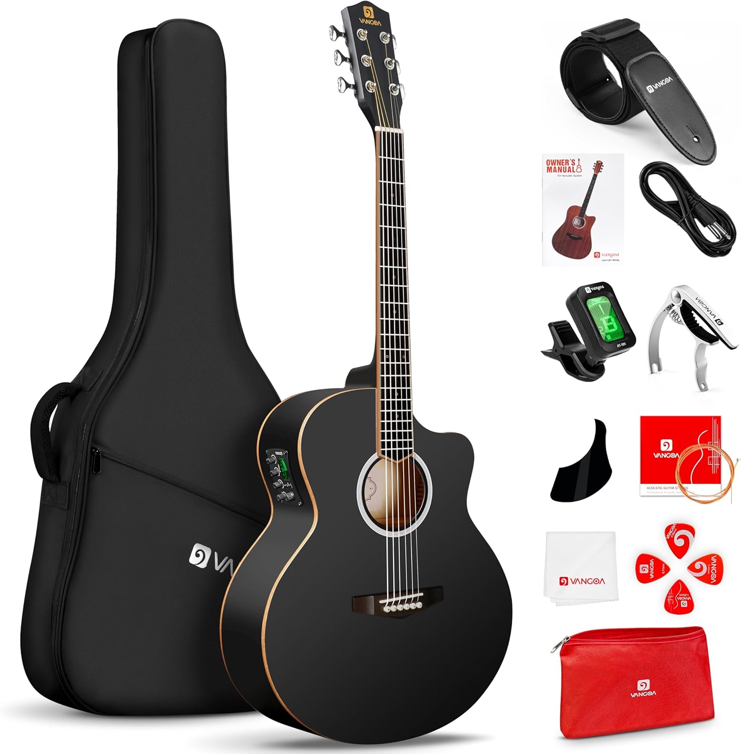 Vangoa 3/4 Acoustic Electric Guitar Kit for Beginners - Black