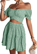 LYANER Women's 2 Piece Floral Off Shoulder Tie Up Crop (Style 3JQP)