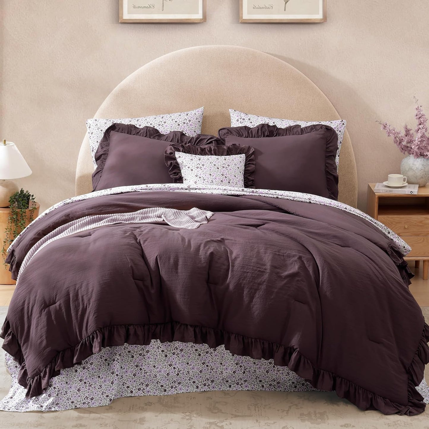 King Comforter Set - 7 Pieces Ruffle Purple Bedding for Cozy Rooms