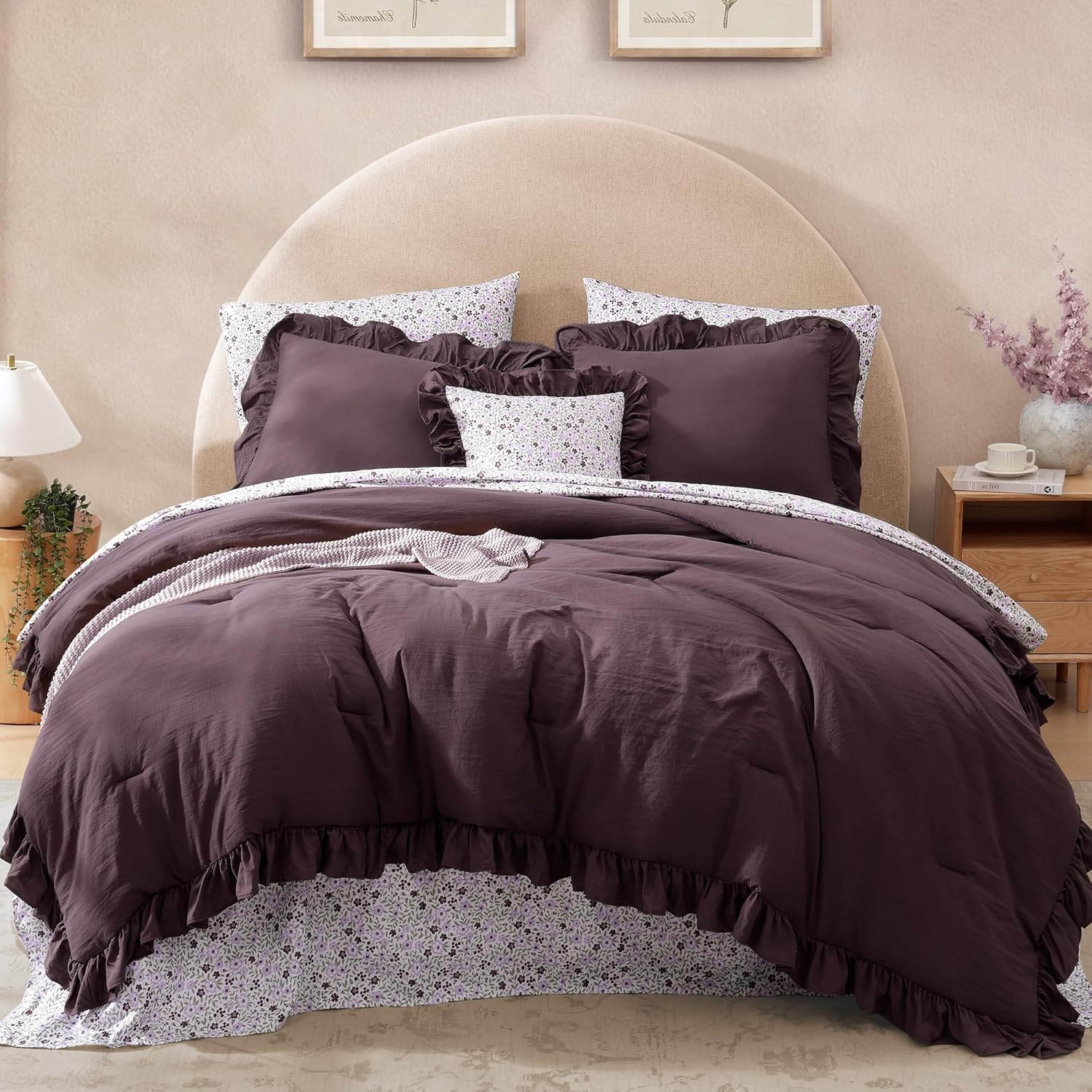 King Comforter Set - 7 Pieces Ruffle Purple Bedding for Cozy Rooms