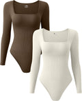 Women's 2 Piece Ribbed Bodysuits Pack - Stretchy Square Neck