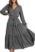 Womens Long Sleeve Wrap Ruffle Floral Maxi Dress - Flowy Boho Chic