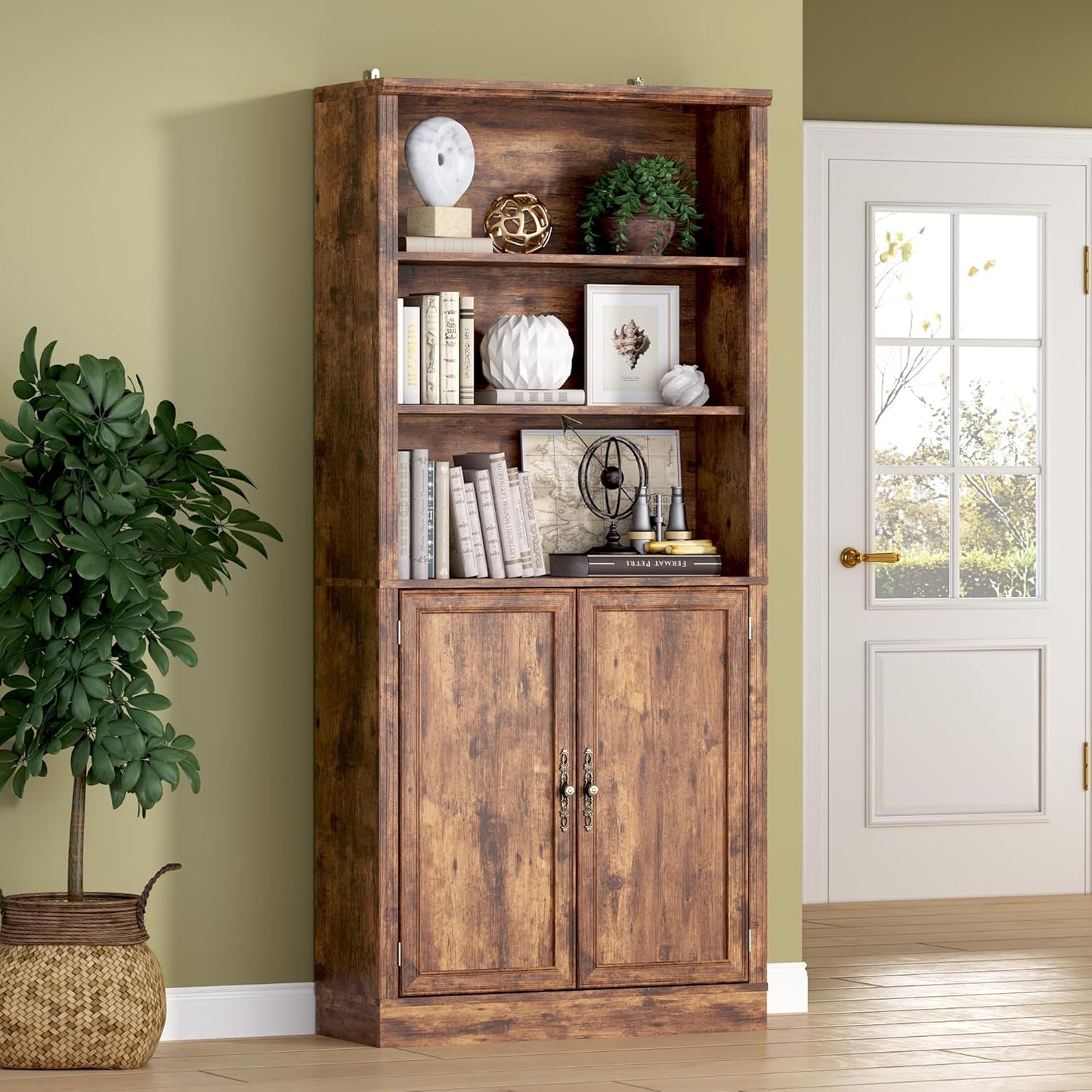 71.4 Tall Bookshelf with Cabinet for Modern Home Office Storage