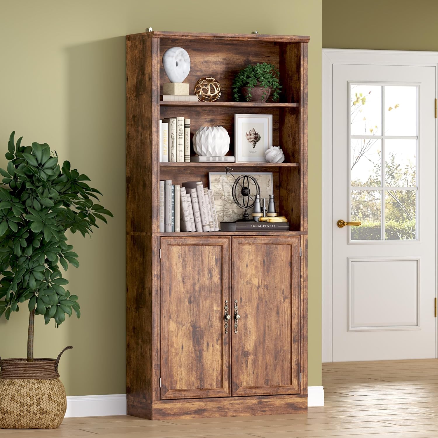 71.4 Tall Bookshelf with Cabinet for Modern Home Office Storage