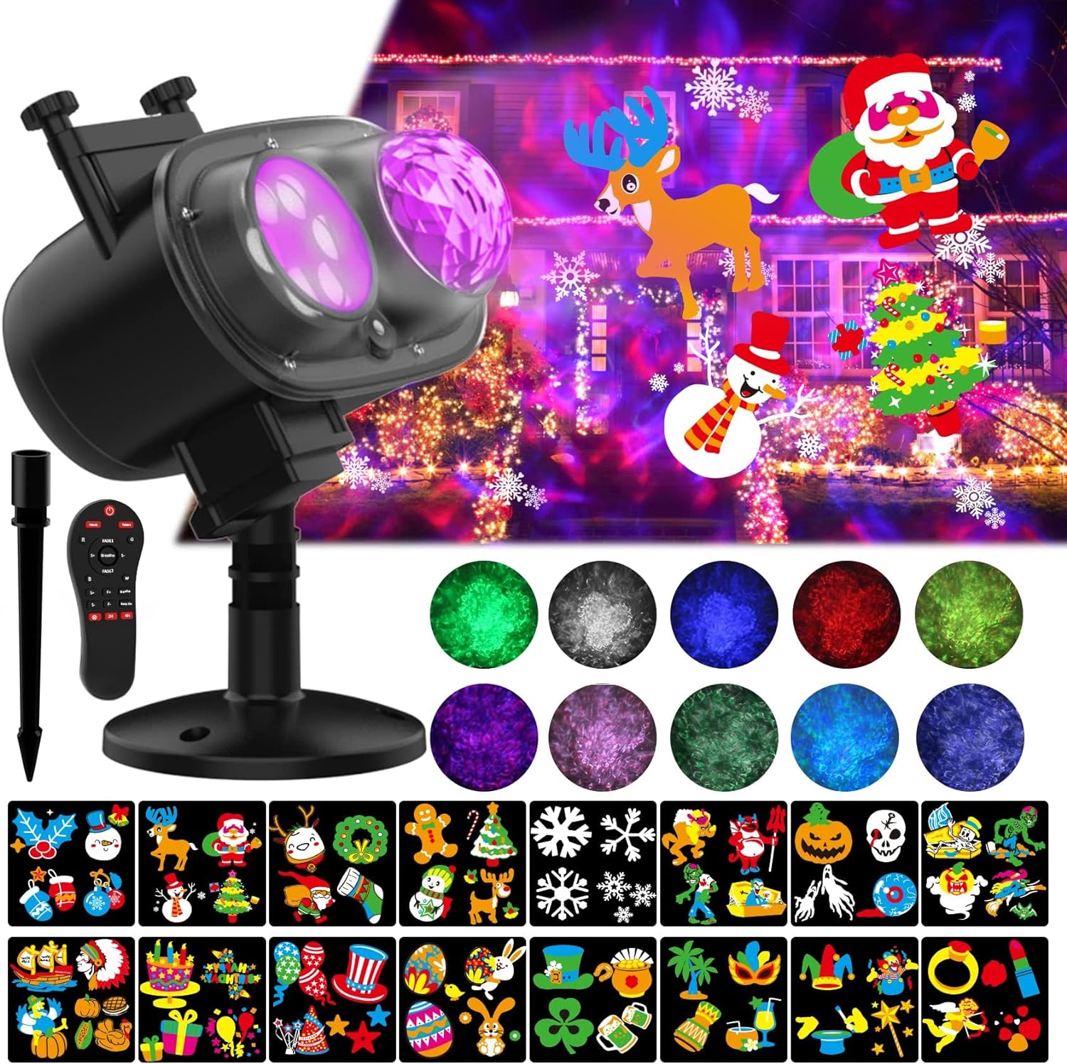 Ocean Wave Christmas Projector: 16 Slides, 10 Colors 