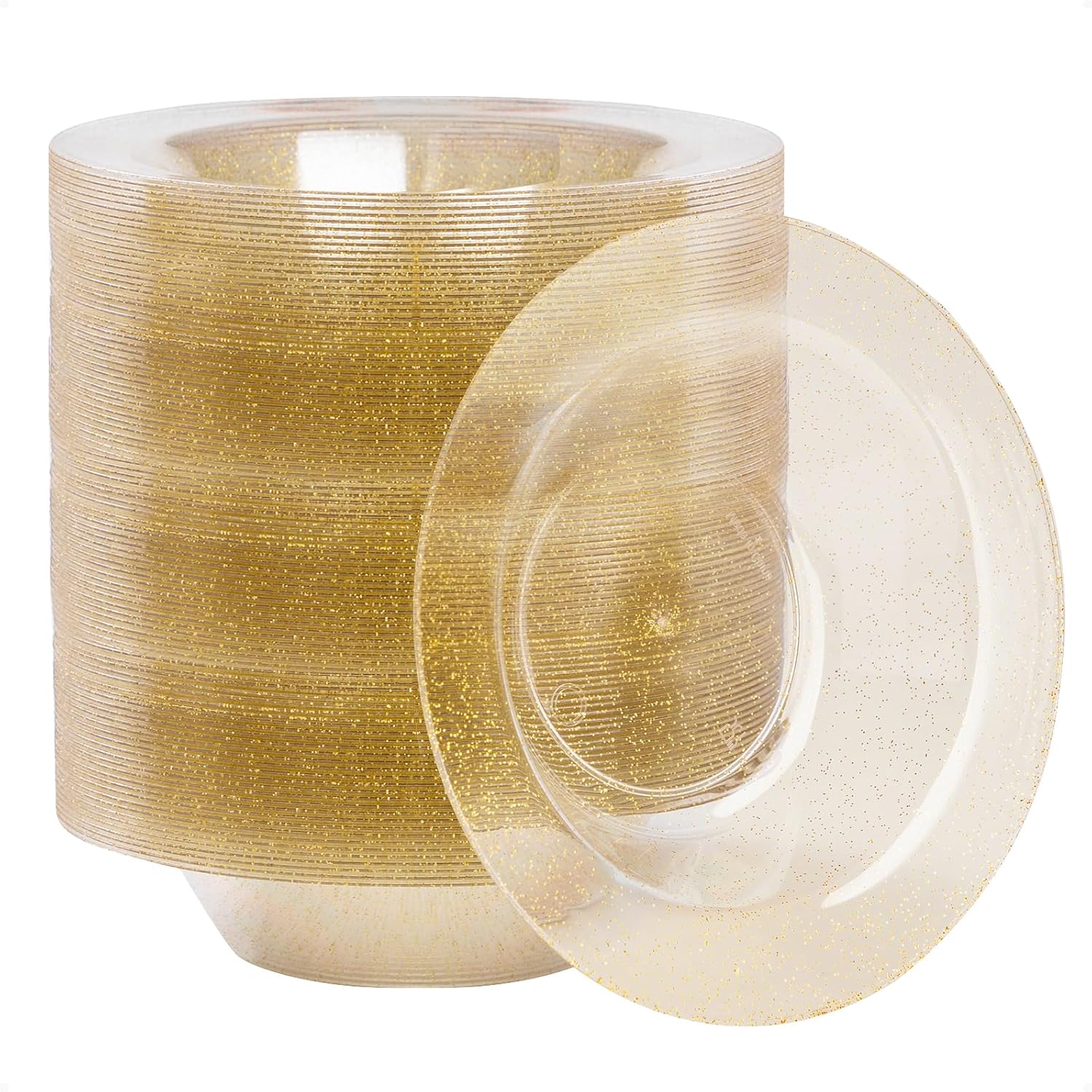 Gold Glitter Plastic Bowls - 100 Pack for Parties and Events