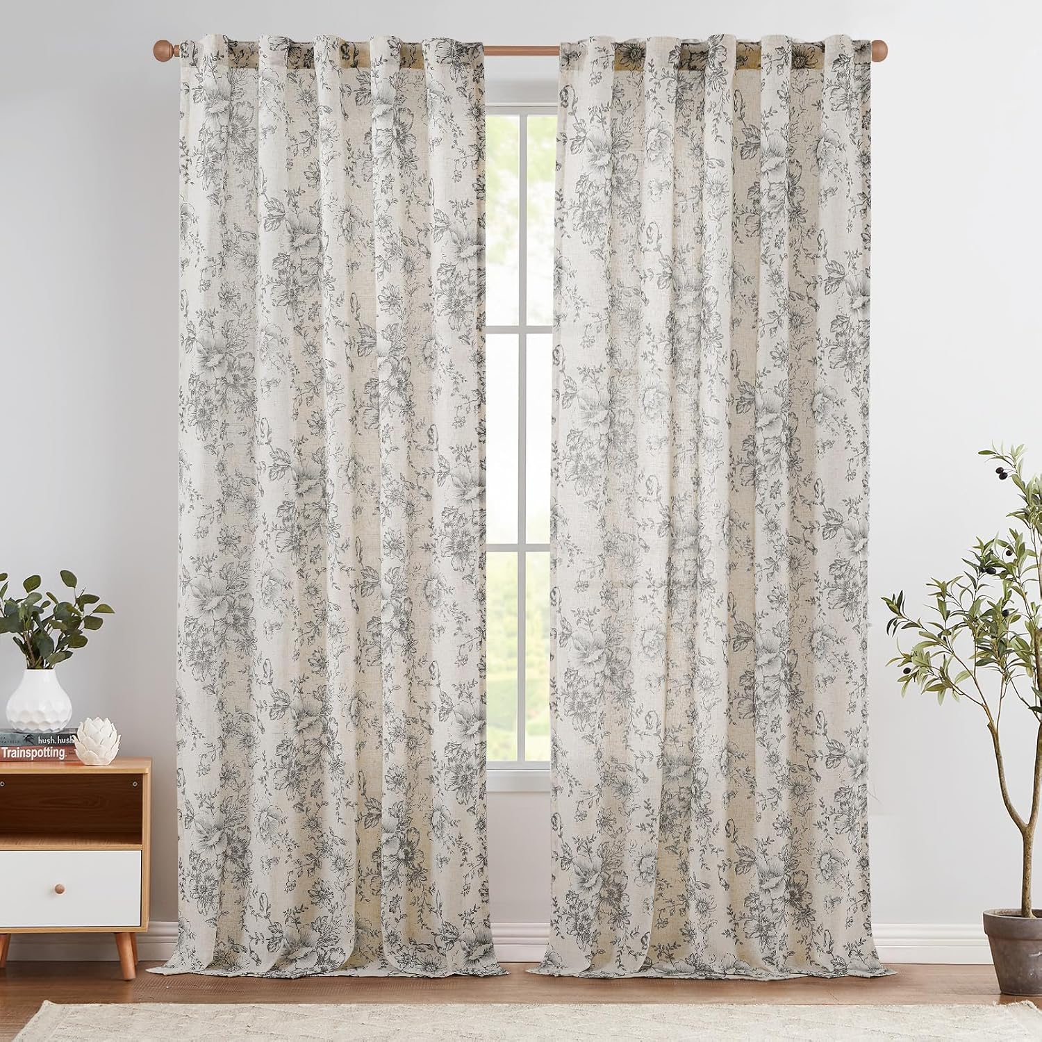 Floral Linen Blend Curtains for Living Room and Bedroom Decor