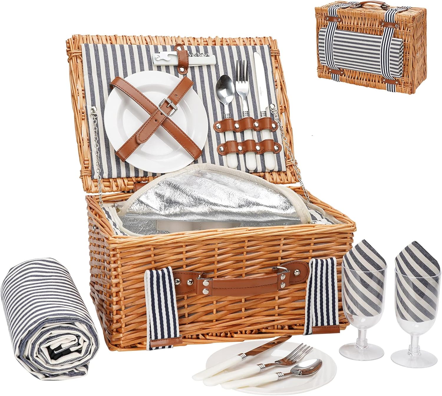 Wicker Picnic Basket Set for 2 with Blanket and Cutlery Kit