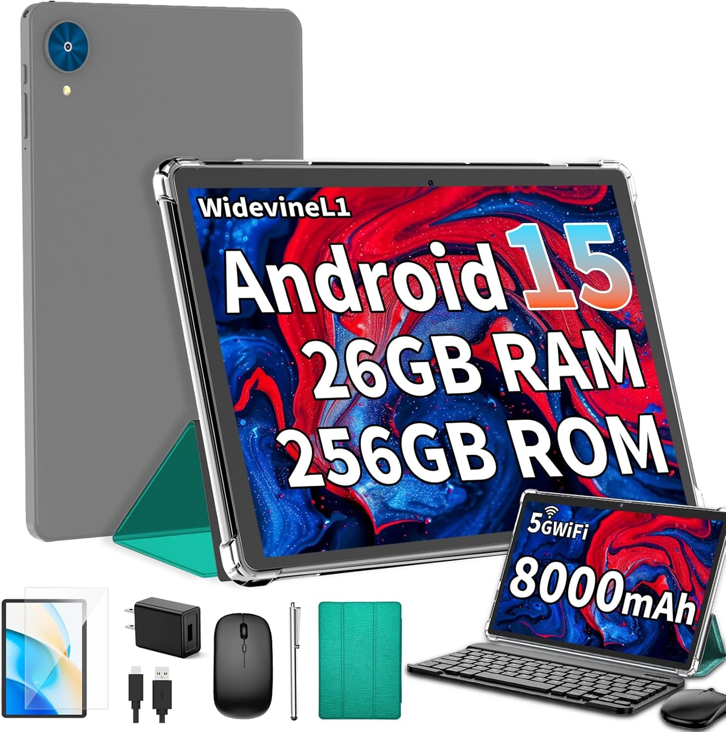 Android 15 Tablet with Keyboard, 26GB+256GB Storage, 10.1 in