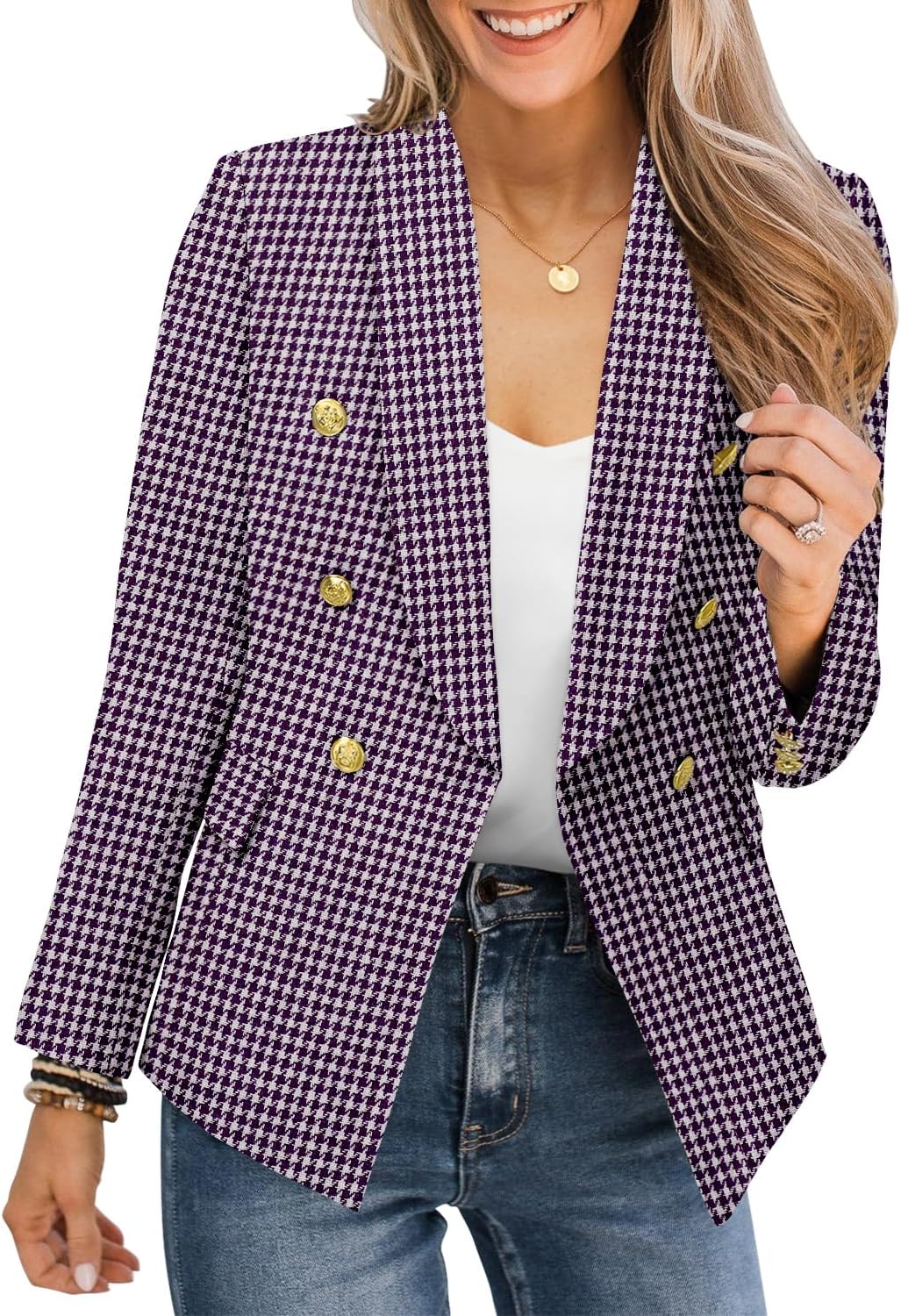 CRAZY GRID Womens Casual Blazer Jacket with Gold Button Style