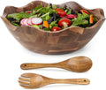 Large Scalloped Acacia Wooden Salad Bowl with Serving Utensils