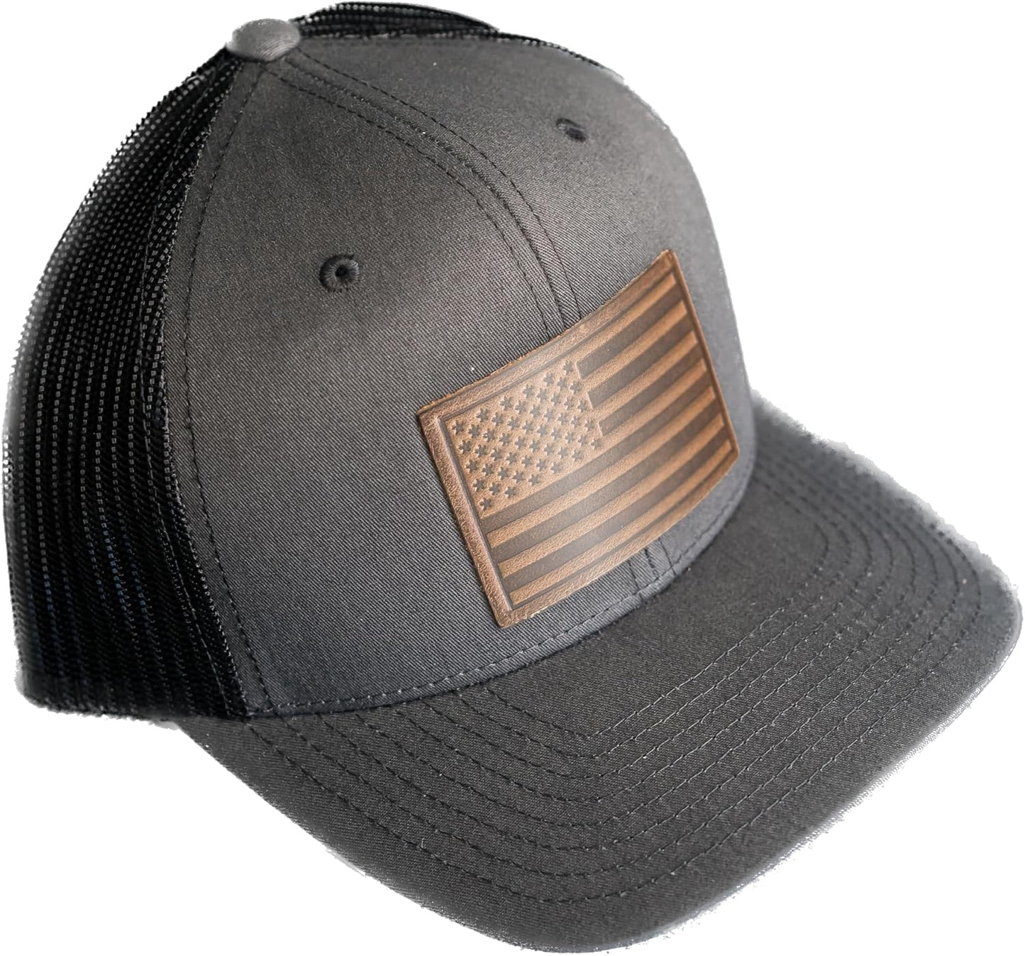 Handmade Leather Patch Trucker Hats - Patriotic American Flag
