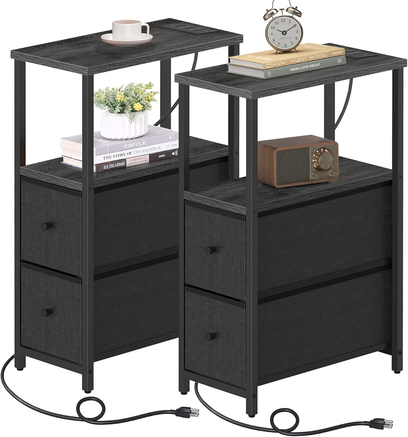 Small Narrow End Table with Charging Station and Drawers