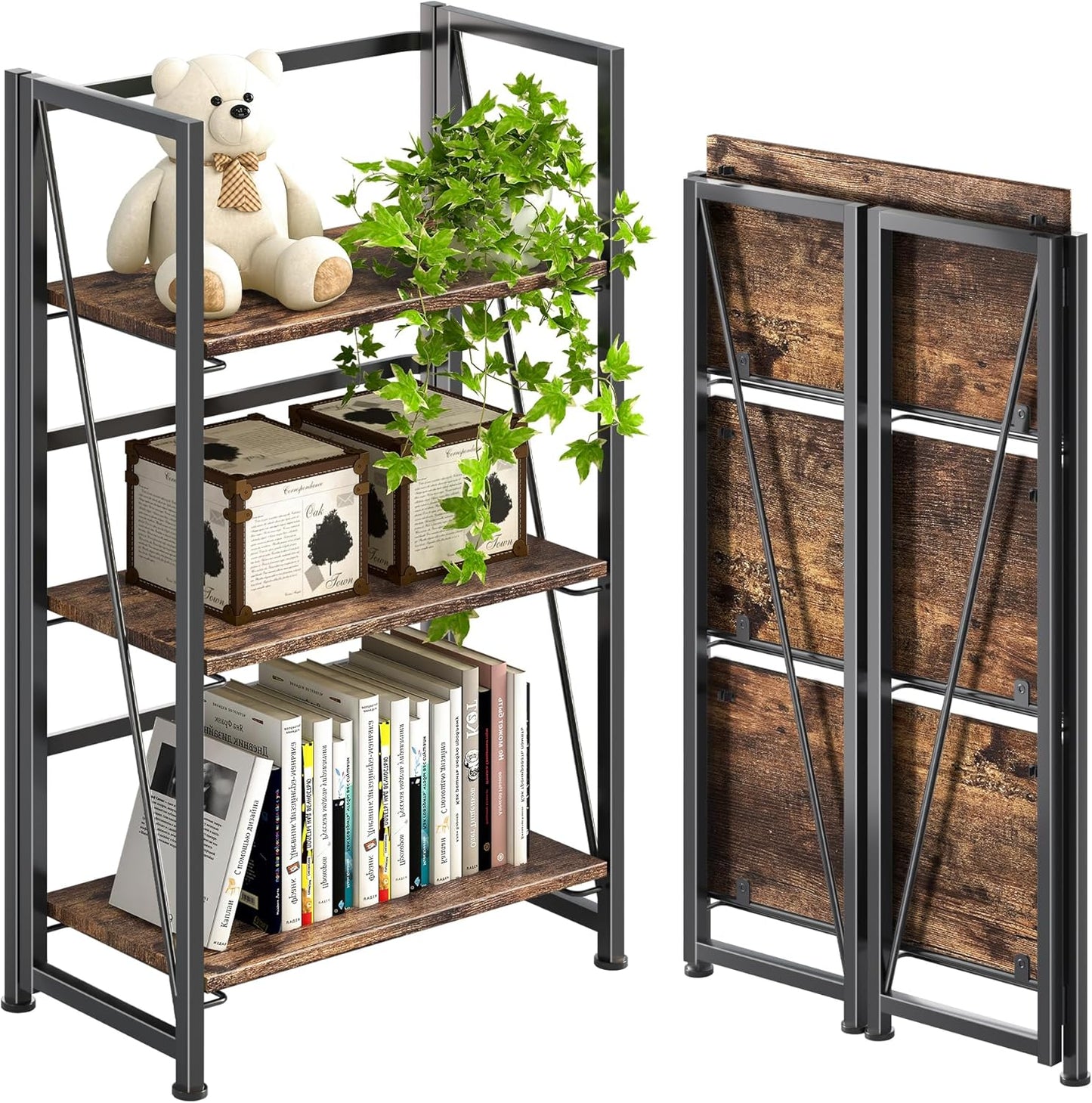 4NM No-Assembly Folding Bookshelf: Vintage 3-Tier Storage Solution