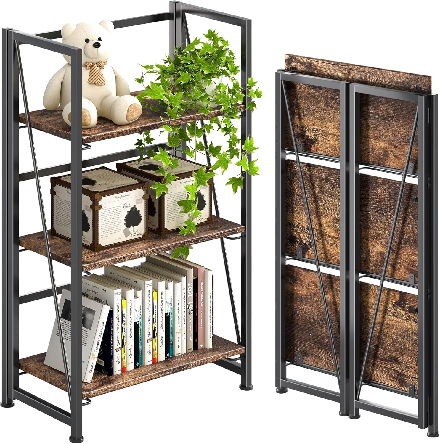 4NM No-Assembly Folding Bookshelf: Vintage 3-Tier Storage Solution