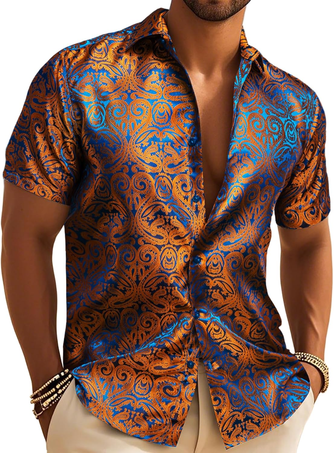 Men's Silk Shirt Paisley Floral Jacquard Short Sleeve Dress