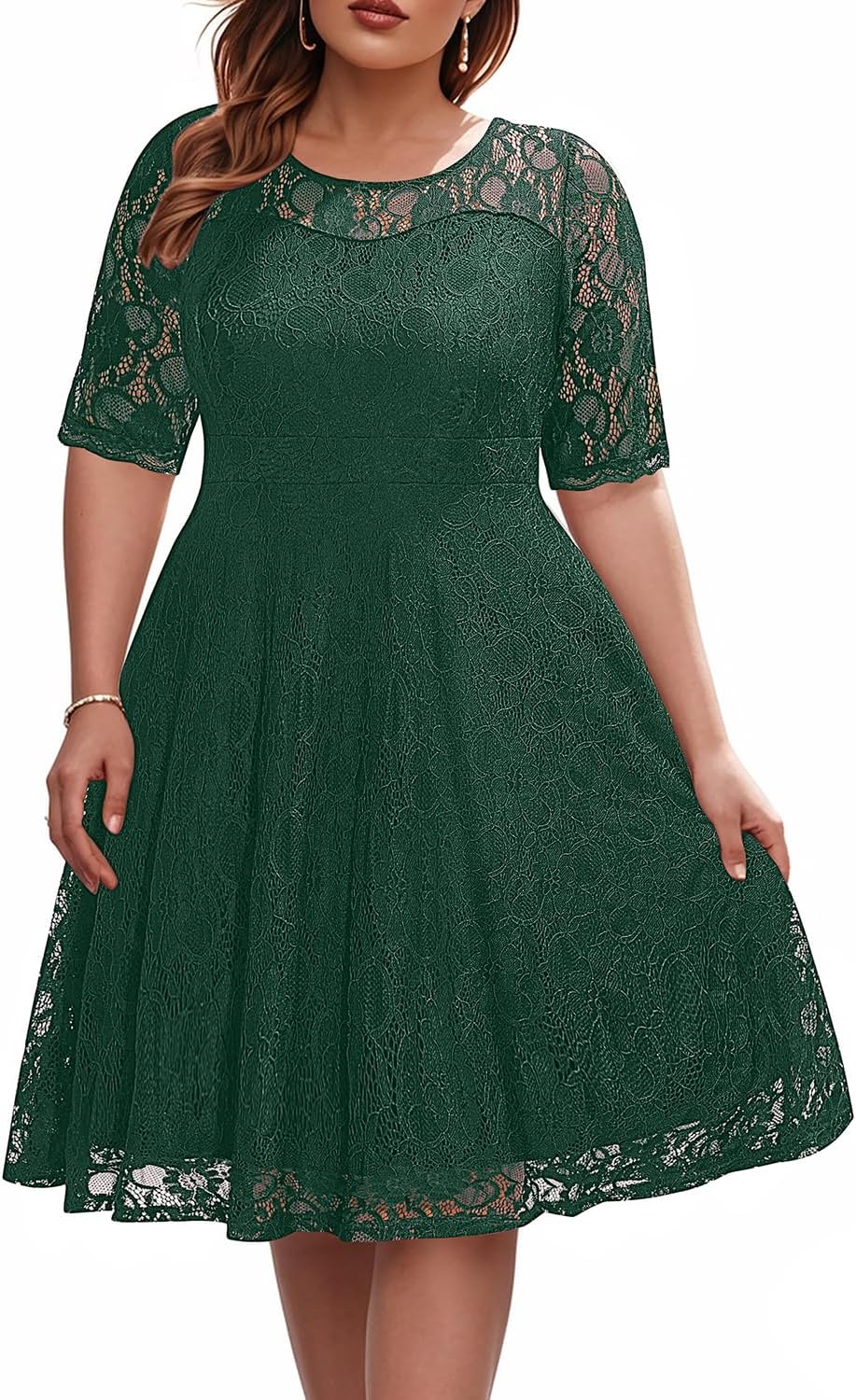 Plus Size Wedding Guest Lace V Neck Midi Dress for Events