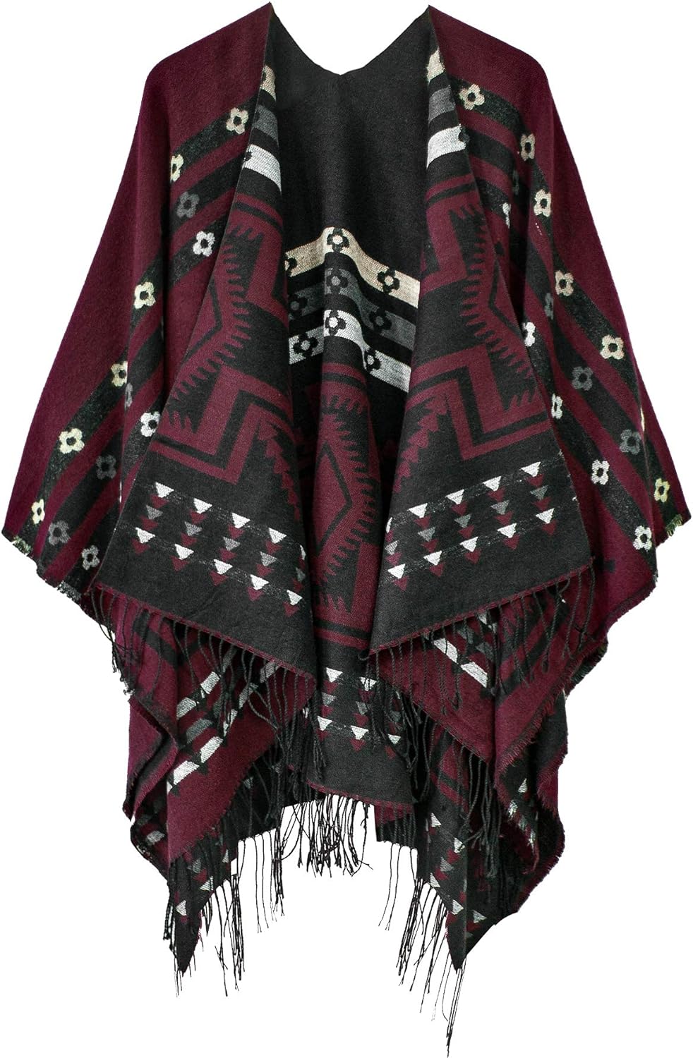Urban CoCo Women's Printed Tassel Open Front Poncho Cape Wrap
