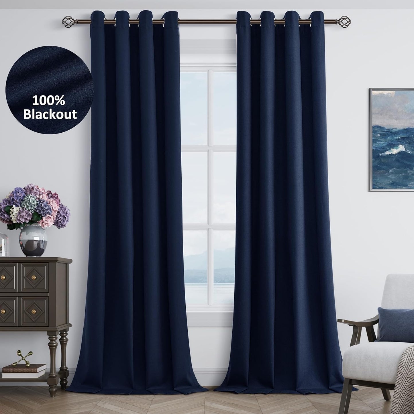 Navy Blue Linen Blackout Curtains 108 Inches Long for Home