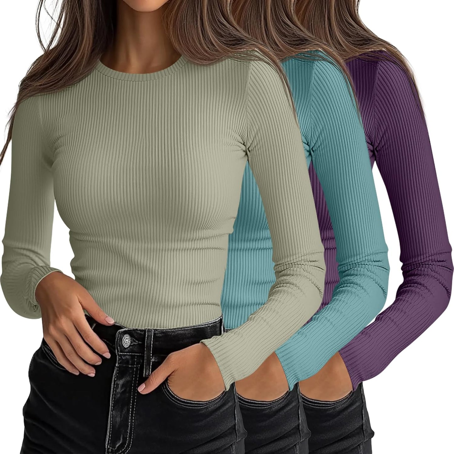 Ficerd 3 Pack Women's Ribbed Long Sleeve Tops for Every Occasion