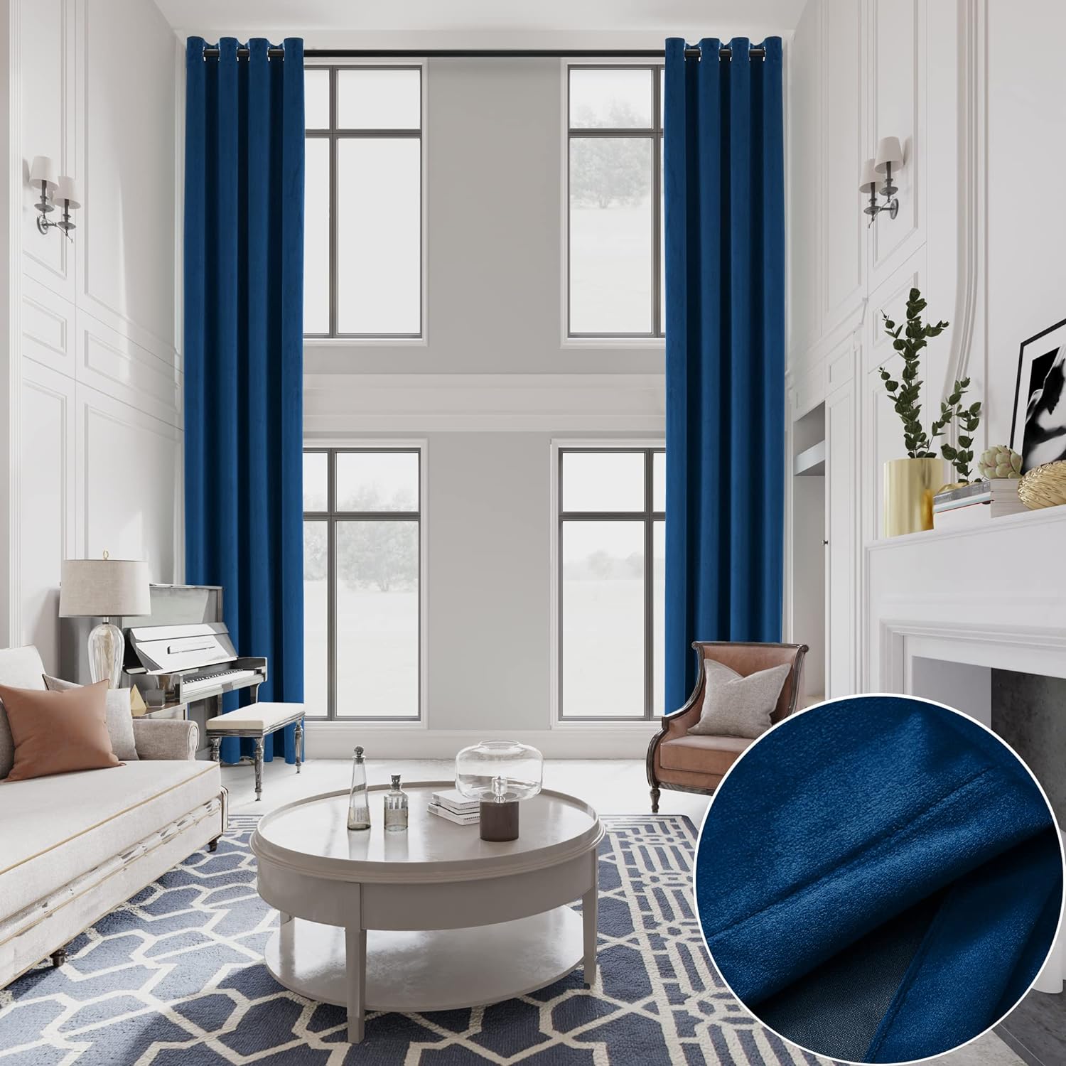 20ft Long Dark Blue Velvet Blackout Curtain - High Ceiling Thermal Insulation!
