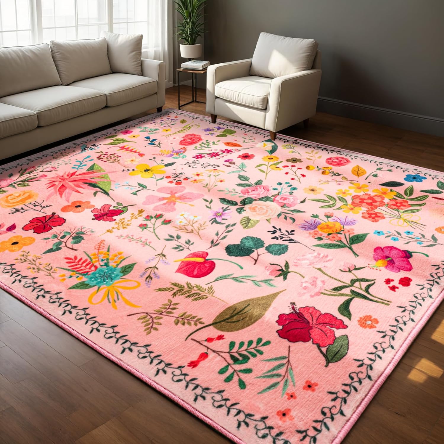 Floral 6x9 Non Slip Machine Washable Area Rug for Living Room