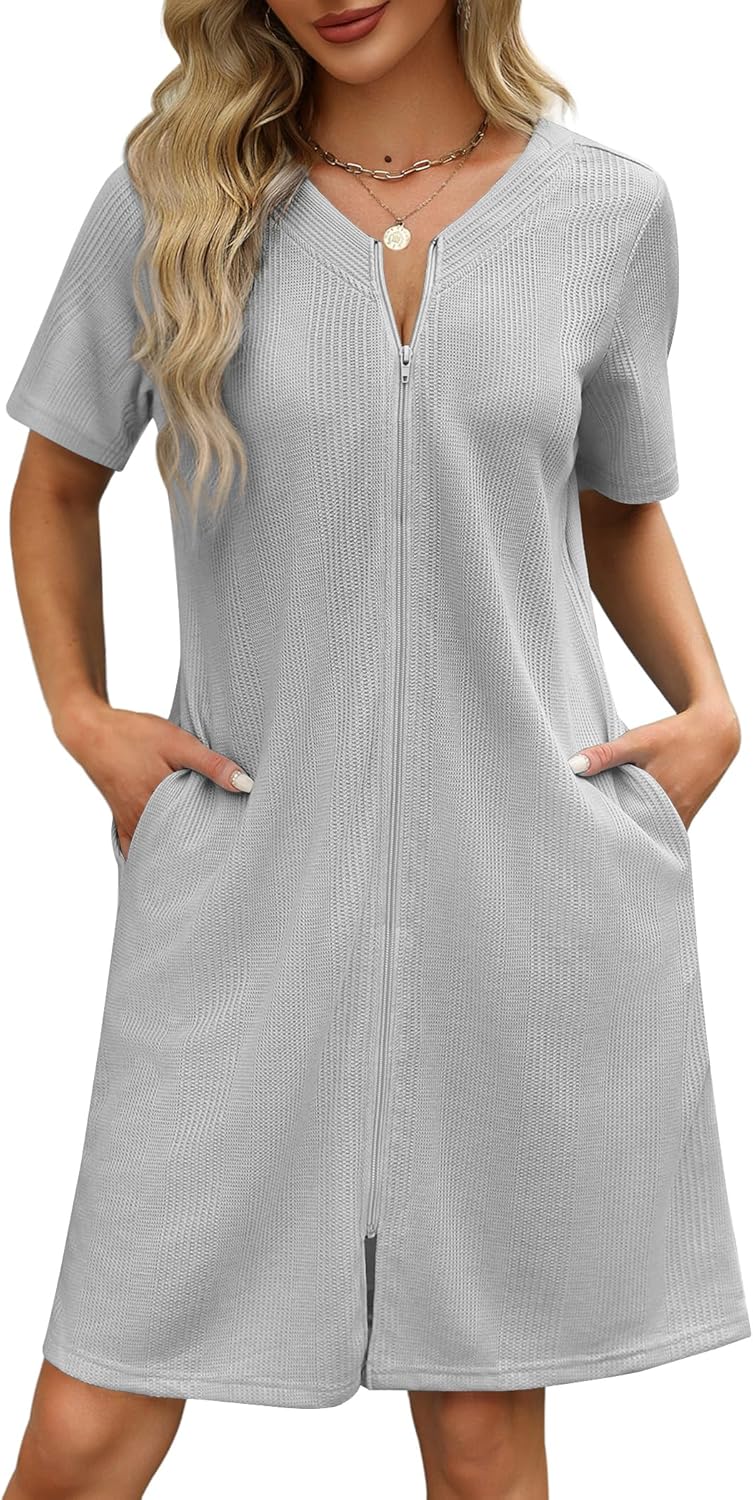 Ekouaer Women Zipper Robes Waffle Short Bathrobe with Pockets