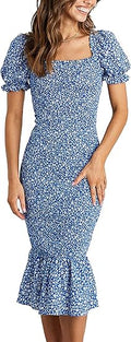 PRETTYGARDEN Summer Floral Midi Bodycon Dress - Puff Sleeve Style