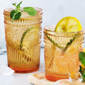 12pcs Amber Vintage Highball & Tumbler Glass Set - Embossed Ribbed