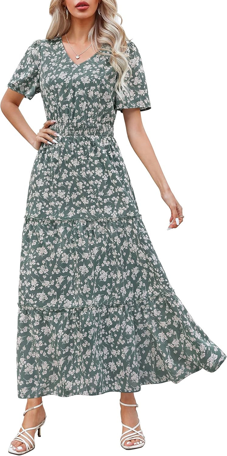 Zattcas Womens Long Summer Dress with Flutter Sleeves and V Neck