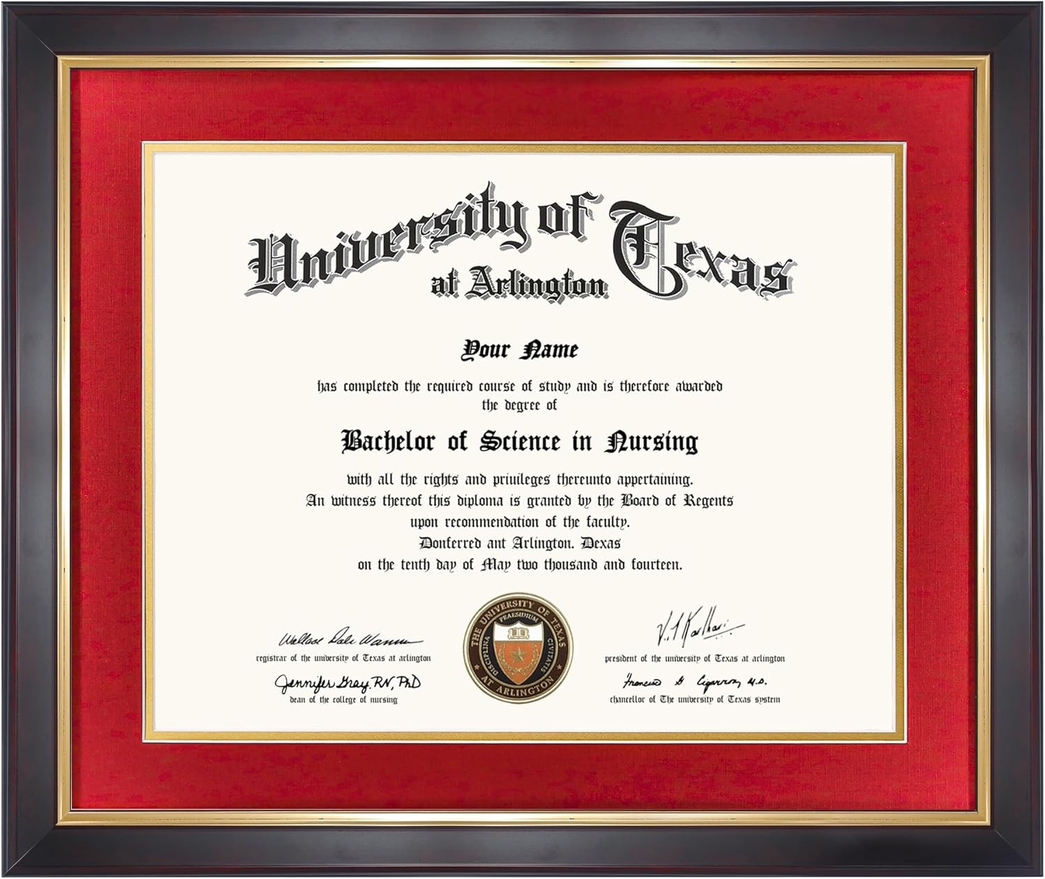 11x14 Wood Diploma Frame with Red Mat and Gold Trim Design