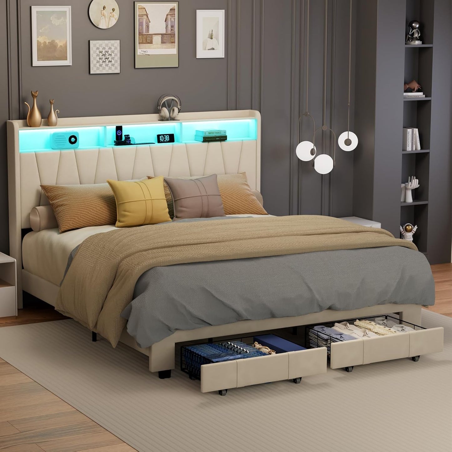 King Size Bed Frame with Velvet Upholstery and LED Lighting