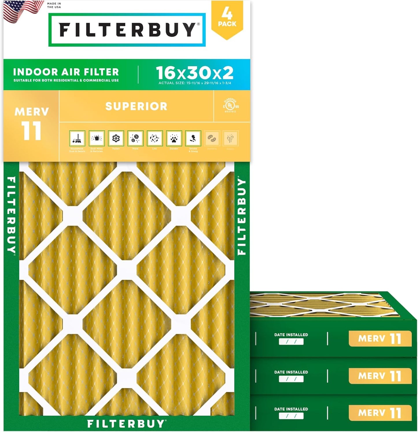 Filterbuy 16x30x2 Air Filter MERV 11 for Pet & Allergy Defense