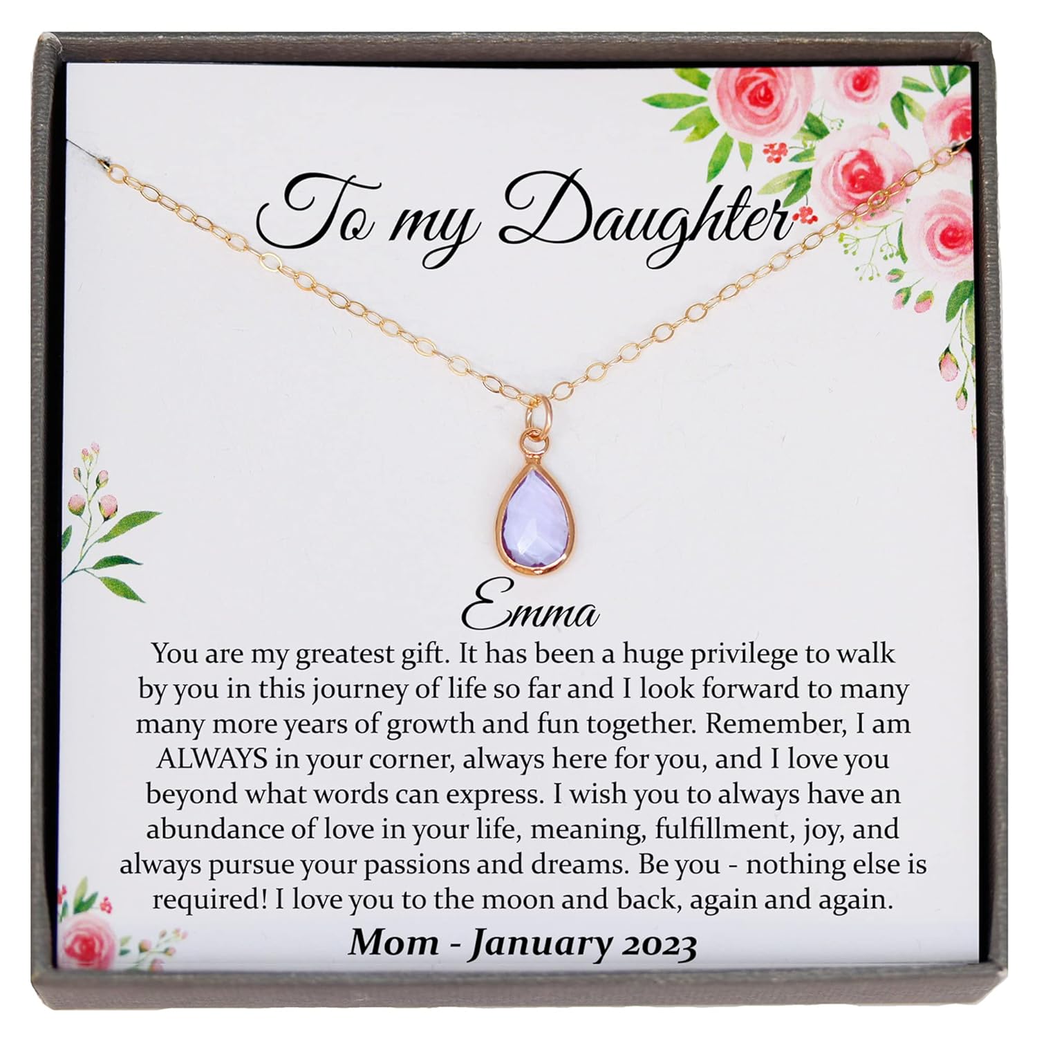 Personalized Daughter Necklace with Birthstone and Poem Card