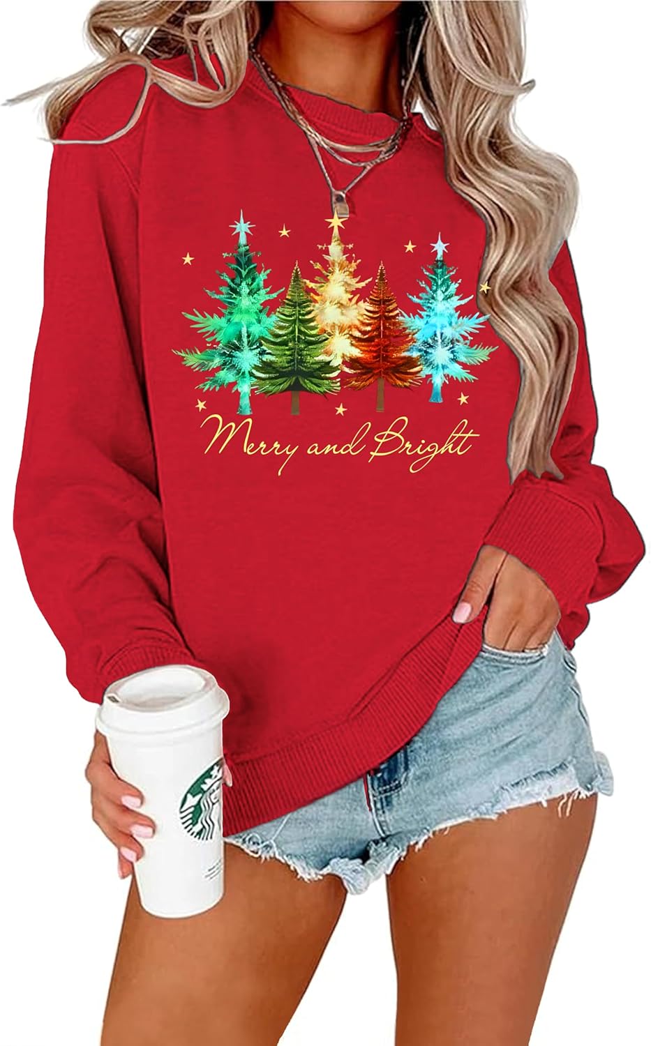 Womens Christmas Sweatshirt with Tree Graphic for Holiday Cheer