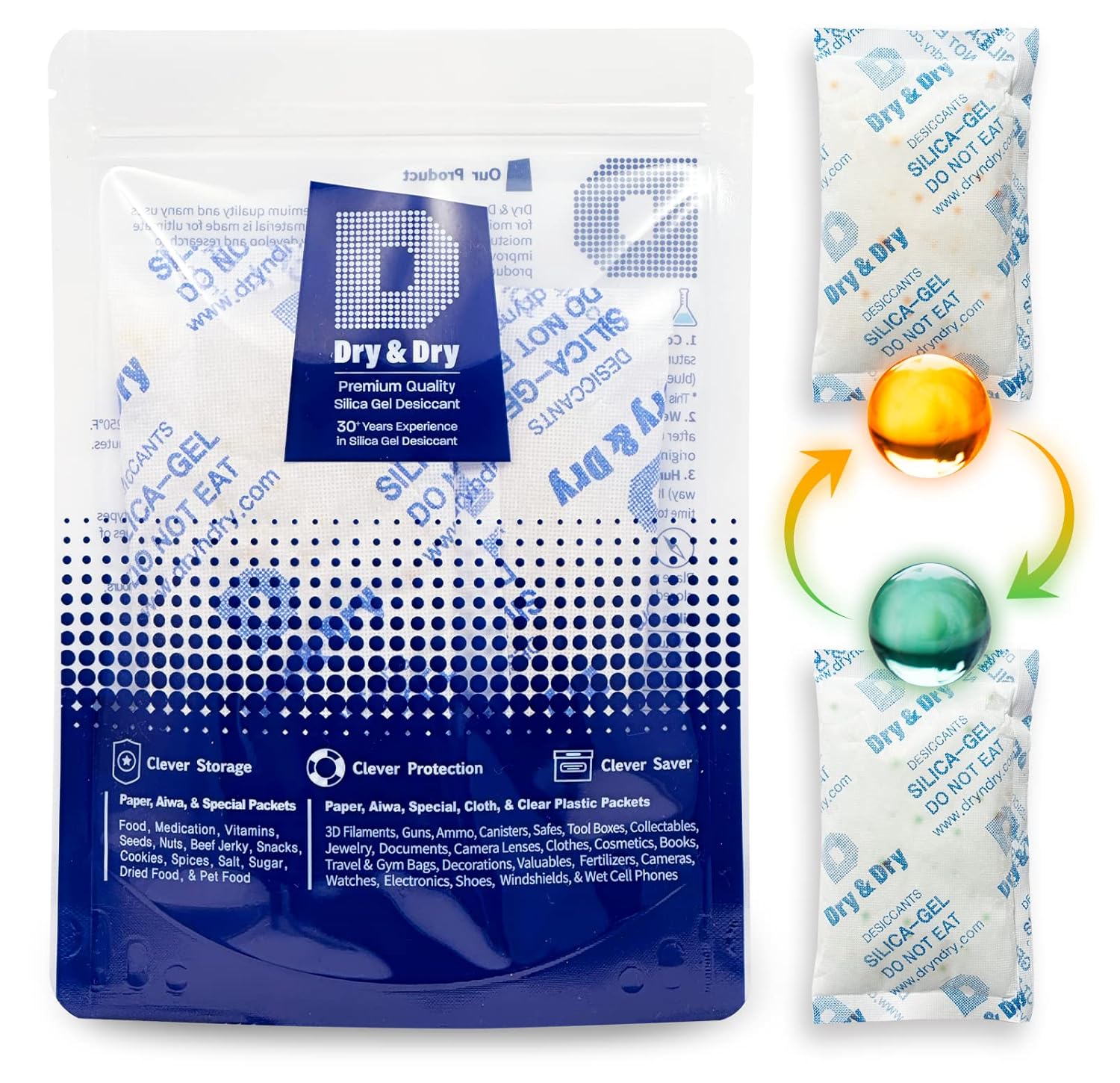 Dry & Dry Orange Indicating Silica Gel Packets for Moisture Control