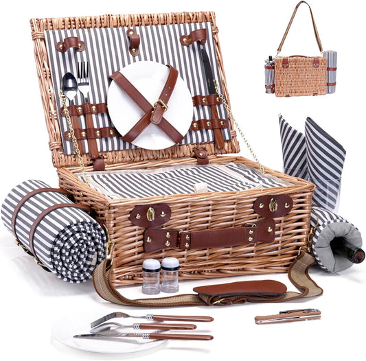 Wicker Picnic Basket with Blanket and Wine Pouch for 2