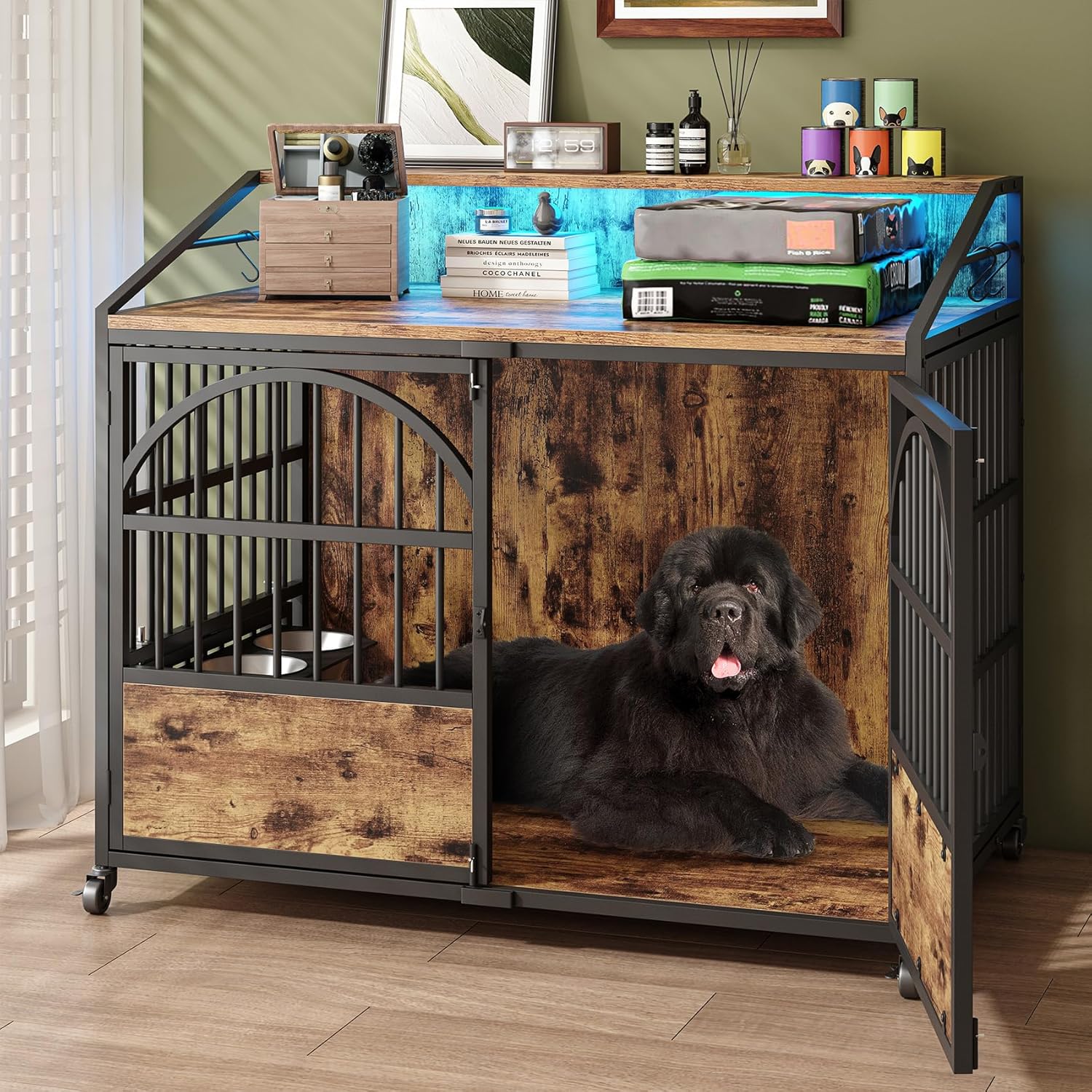 44 Inch Heavy Duty Dog Crate Furniture with 3 Doors and LED Light