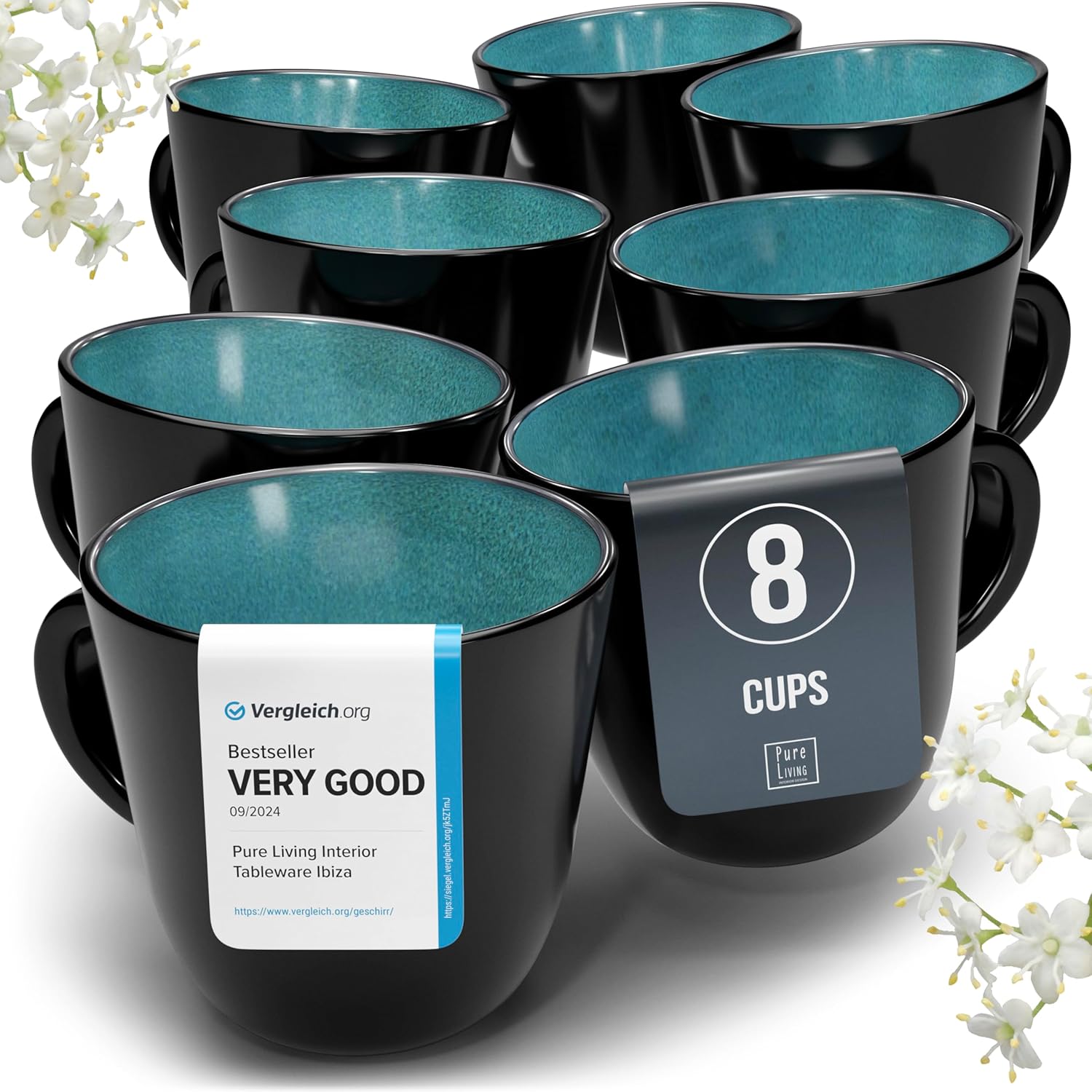 Elegant Stoneware Coffee Mugs Set of 8 in Petrol Blue